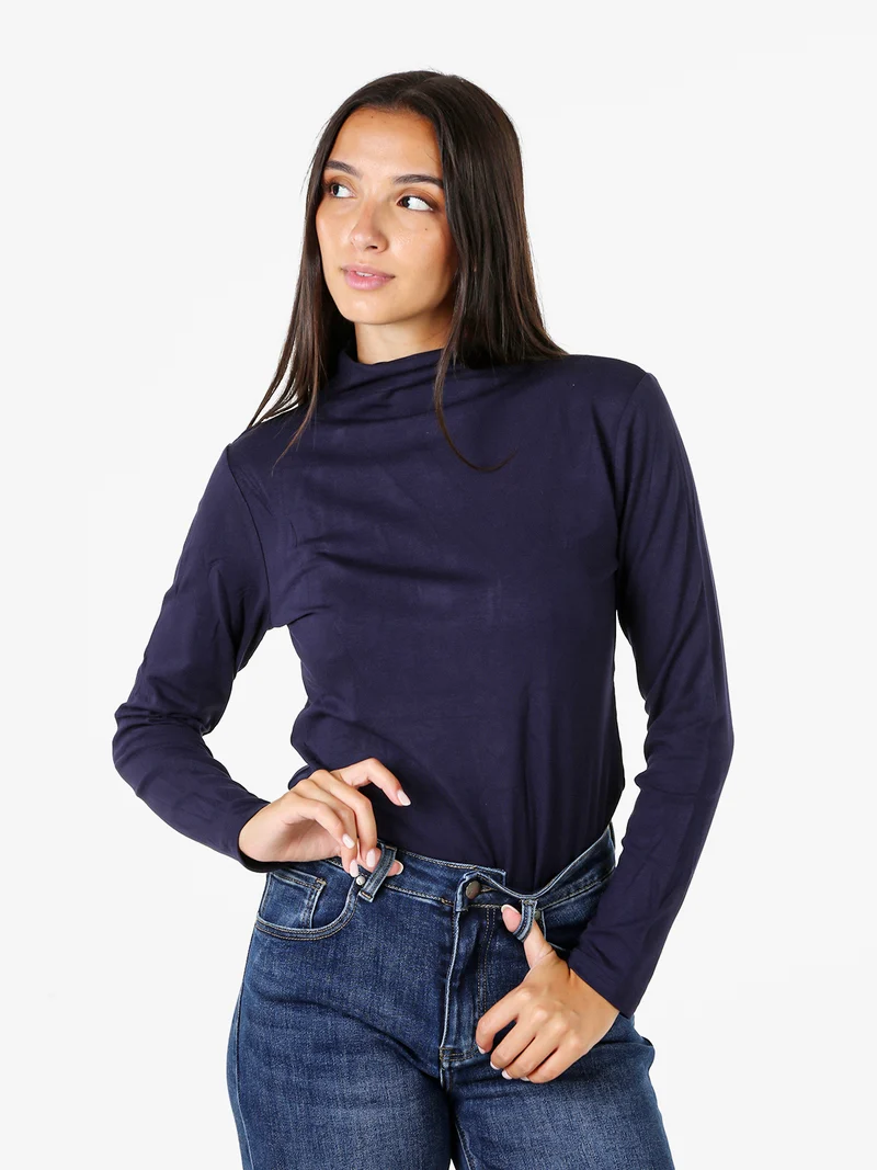 T-shirt donna a maniche lunghe in cotone con collo a lupetto - blu scuro