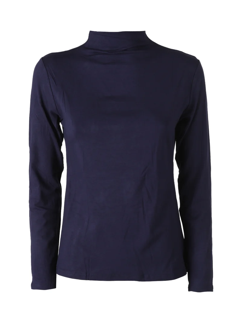 T-shirt donna a maniche lunghe in cotone con collo a lupetto - blu scuro