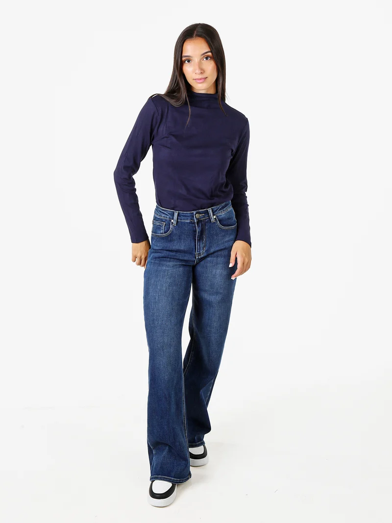 T-shirt donna a maniche lunghe in cotone con collo a lupetto - blu scuro