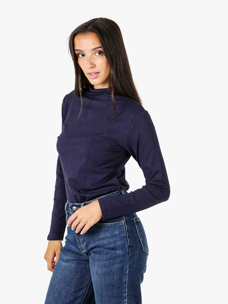 T-shirt donna a maniche lunghe in cotone con collo a lupetto - blu scuro