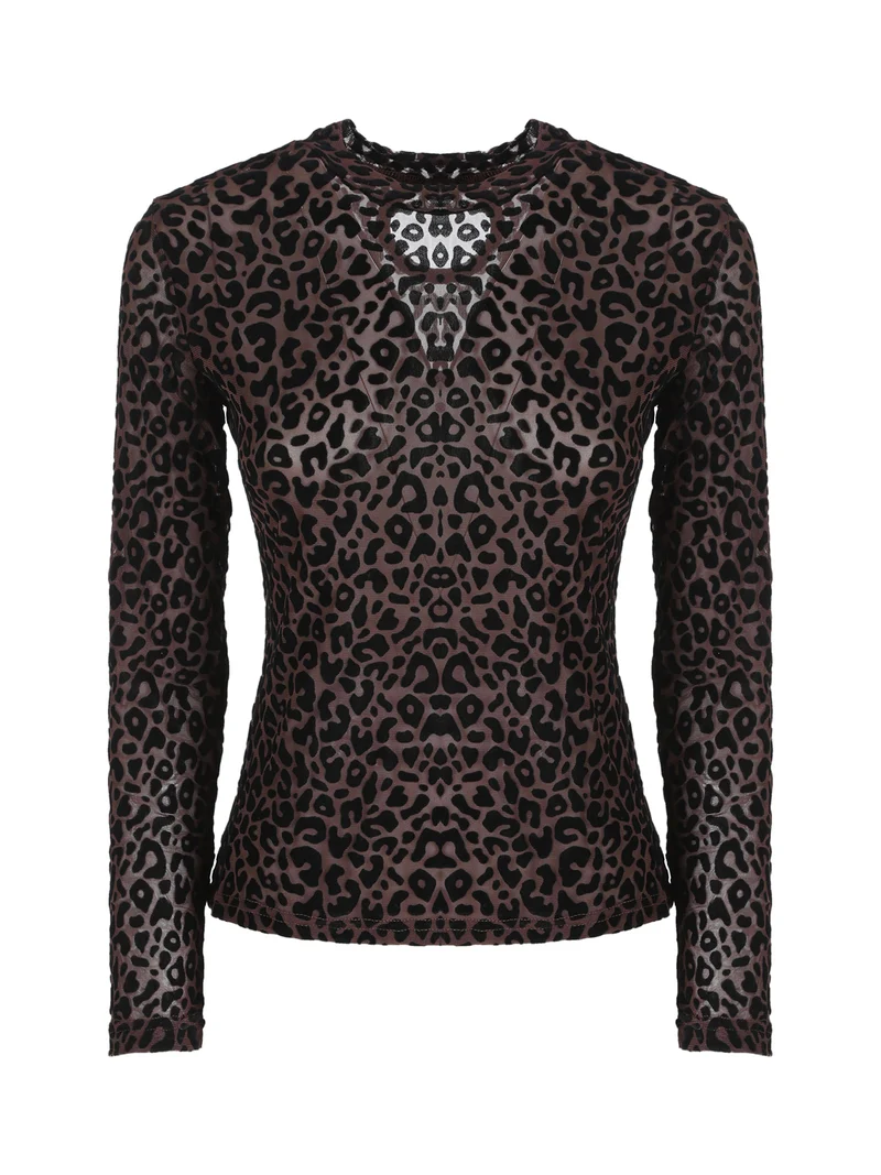 T-shirt donna a maniche lunghe con stampa maculata in velluto - moro