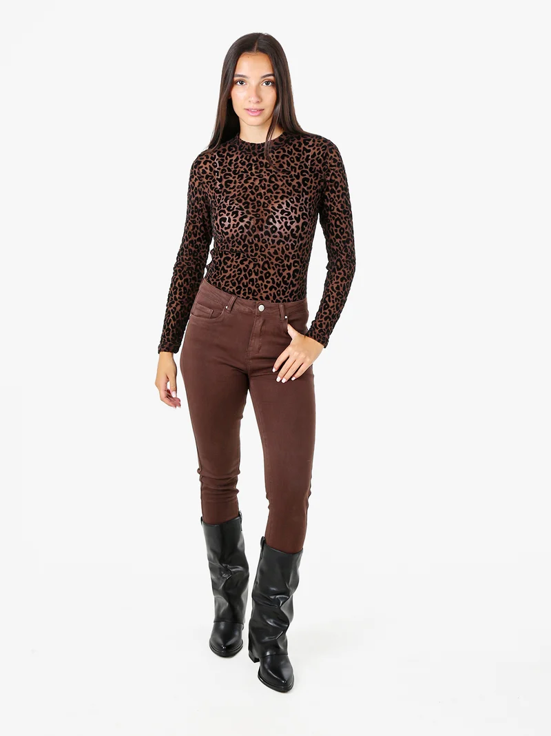 T-shirt donna a maniche lunghe con stampa maculata in velluto - moro