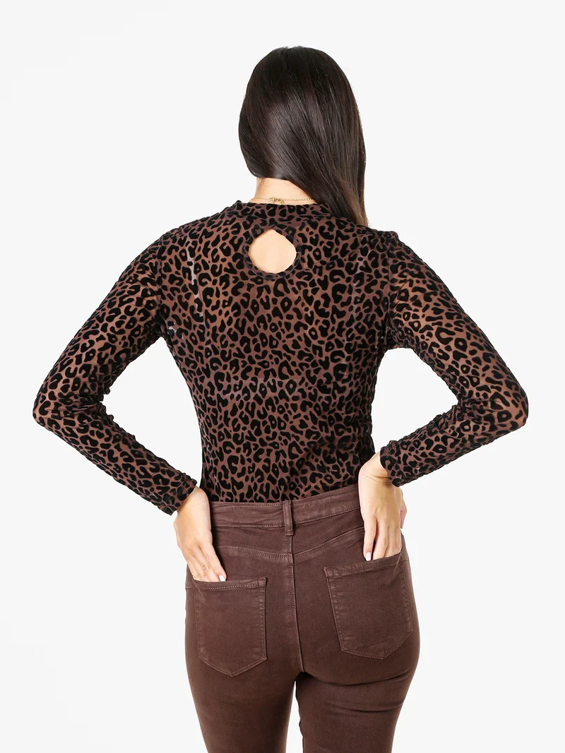 T-shirt donna a maniche lunghe con stampa maculata in velluto - moro