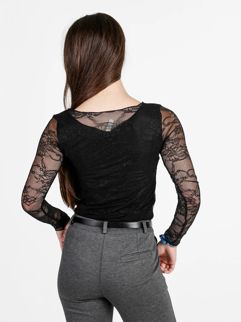 Top donna in pizzo a maniche lunghe - nero