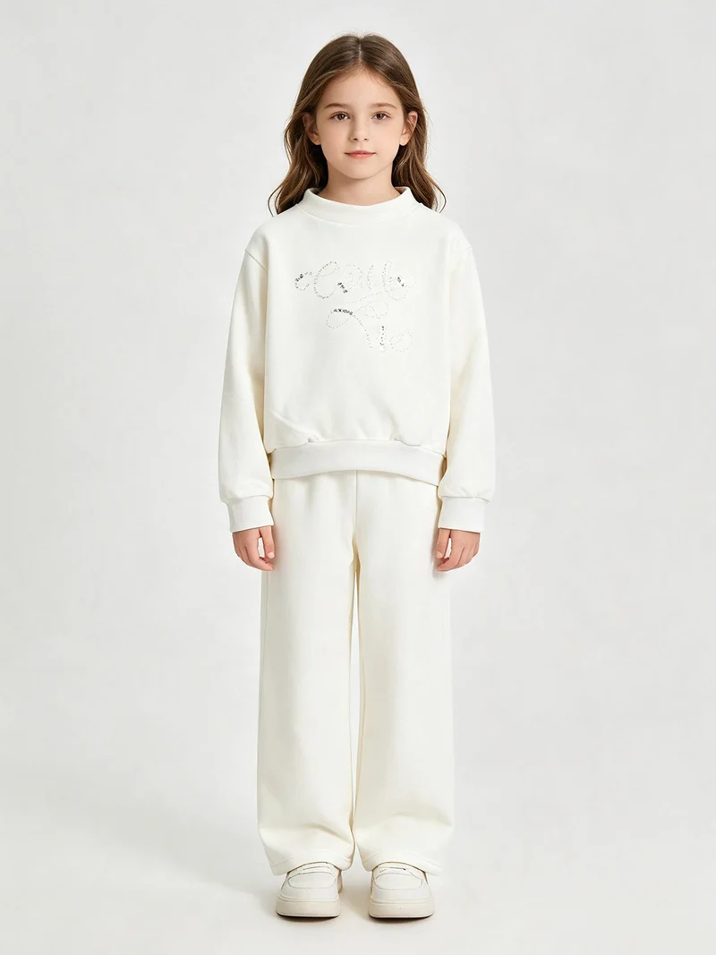 Completo da bambina 2 pezzi con felpa girocollo e pantaloni a gamba larga - panna