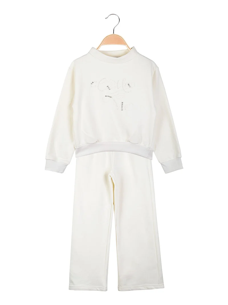Completo da bambina 2 pezzi con felpa girocollo e pantaloni a gamba larga - panna