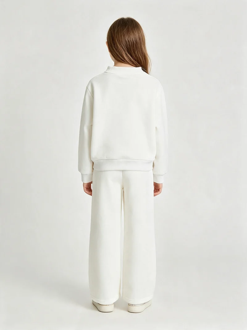 Completo da bambina 2 pezzi con felpa girocollo e pantaloni a gamba larga - panna