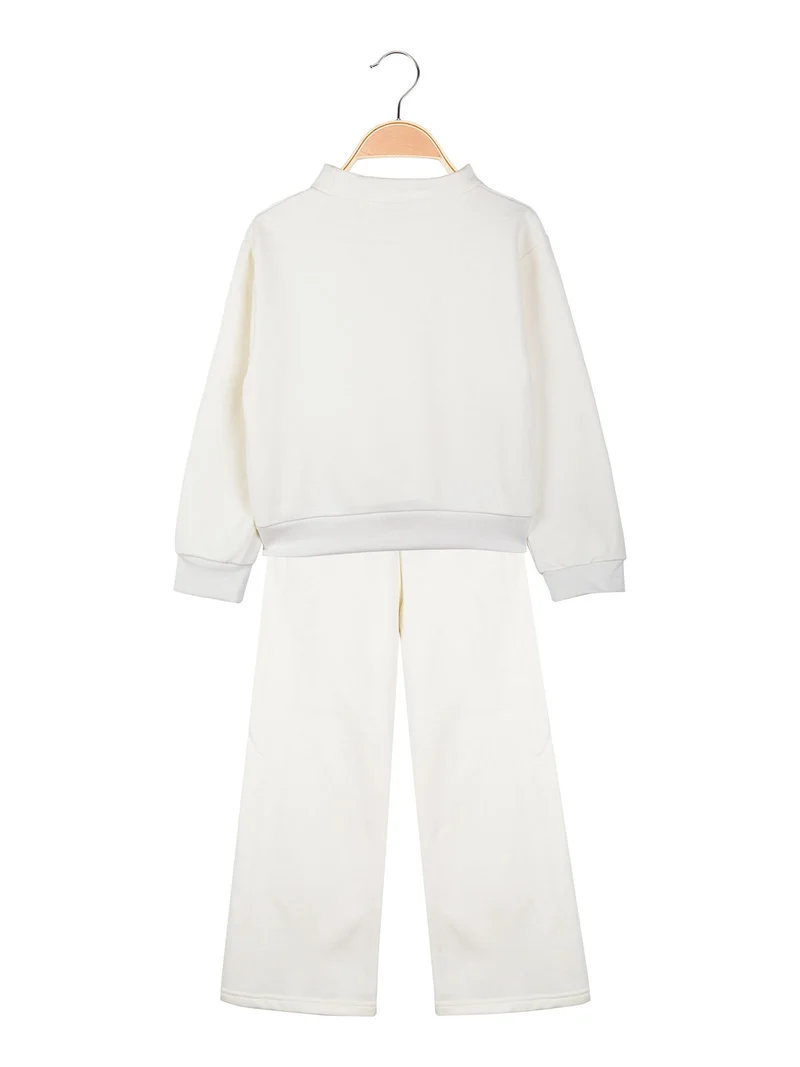 Completo da bambina 2 pezzi con felpa girocollo e pantaloni a gamba larga - panna