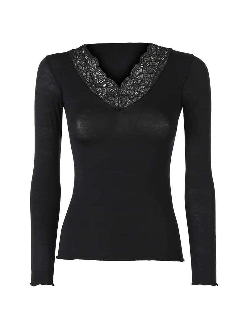 PERLA Maglia donna a maniche lunghe in misto cashmere con scollo in pizzo - nero