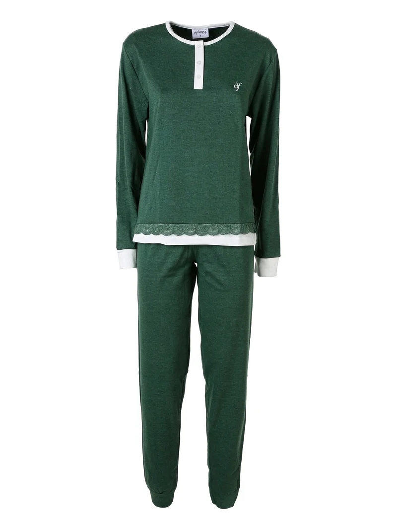 Pigiama lungo da donna in cotone con dettaglio di pizzo - verde