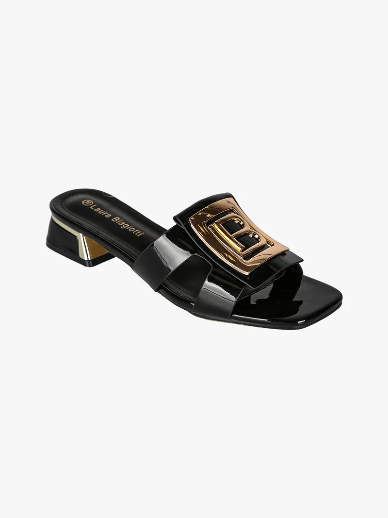 Ciabatte donna in vernice con tacco basso e fascia decorativa con logo - nero
