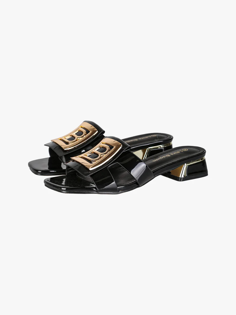 Ciabatte donna in vernice con tacco basso e fascia decorativa con logo - nero