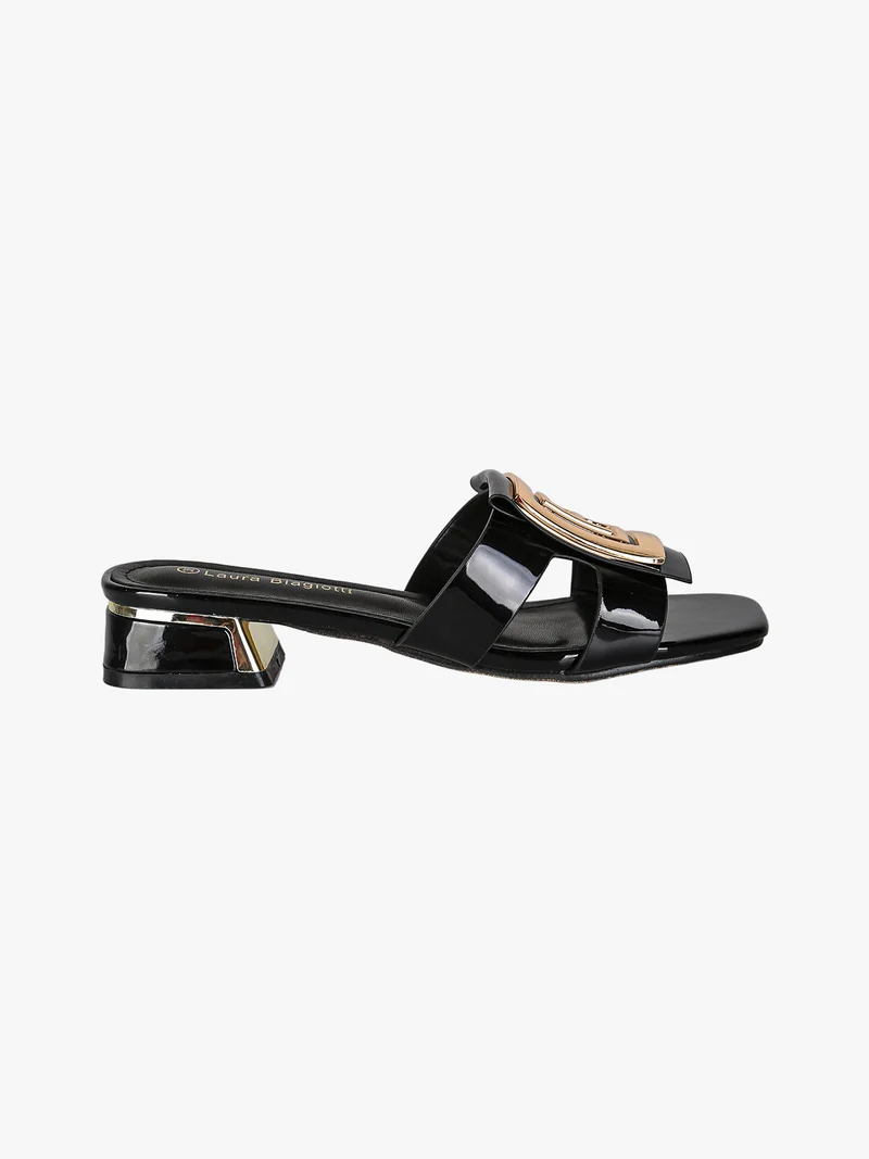 Ciabatte donna in vernice con tacco basso e fascia decorativa con logo - nero