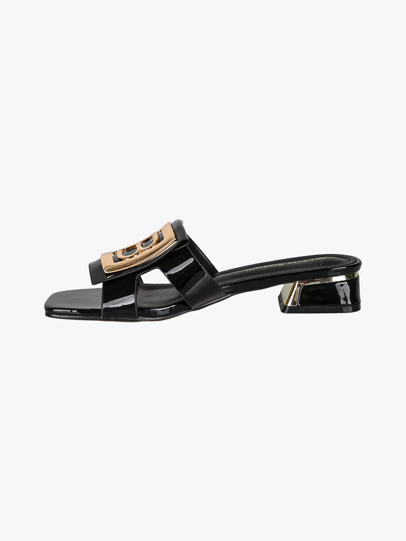 Ciabatte donna in vernice con tacco basso e fascia decorativa con logo - nero