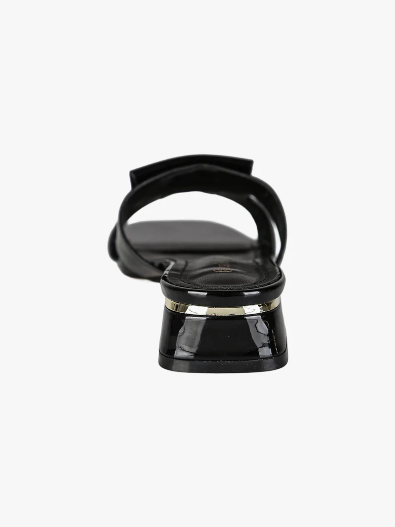 Ciabatte donna in vernice con tacco basso e fascia decorativa con logo - nero