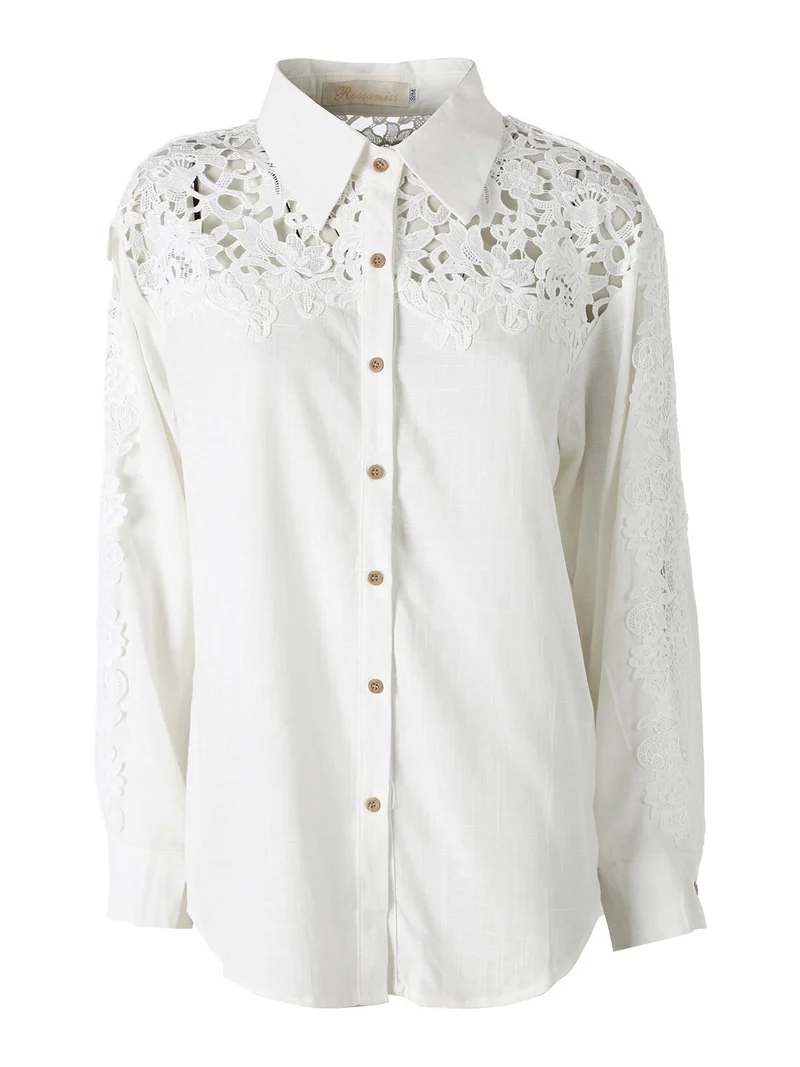 Camicia donna a maniche lunghe con dettagli in pizzo macramè - bianco