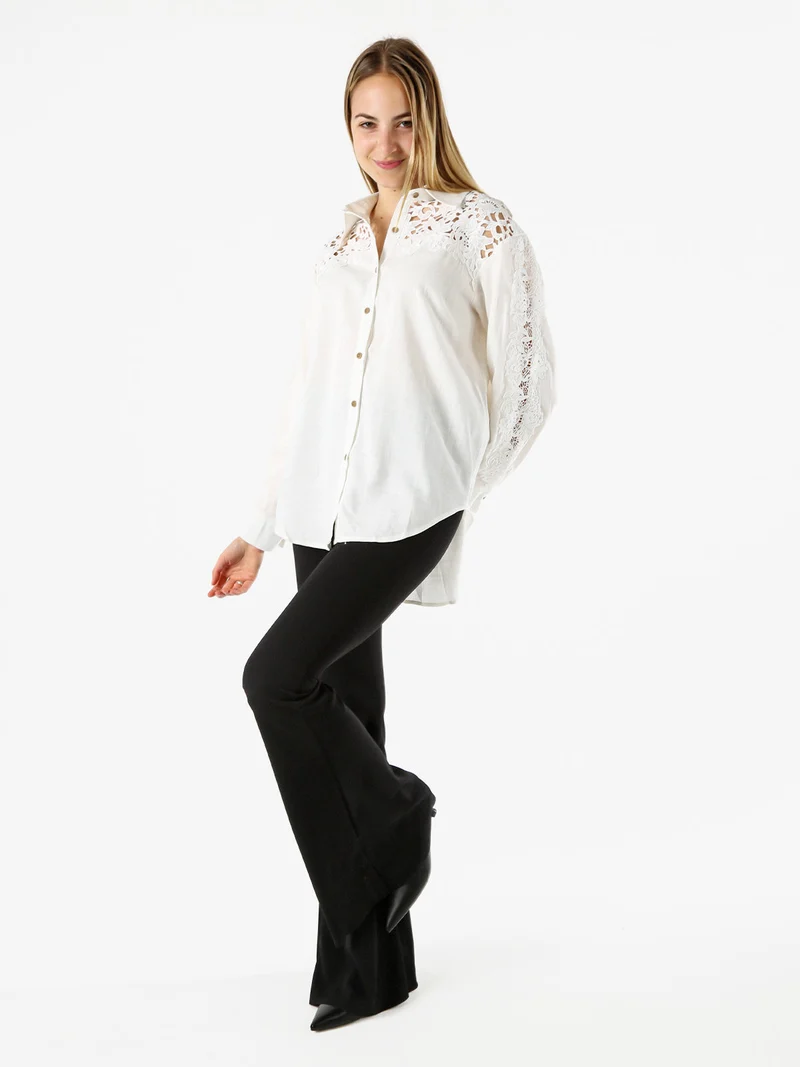Camicia donna a maniche lunghe con dettagli in pizzo macramè - bianco
