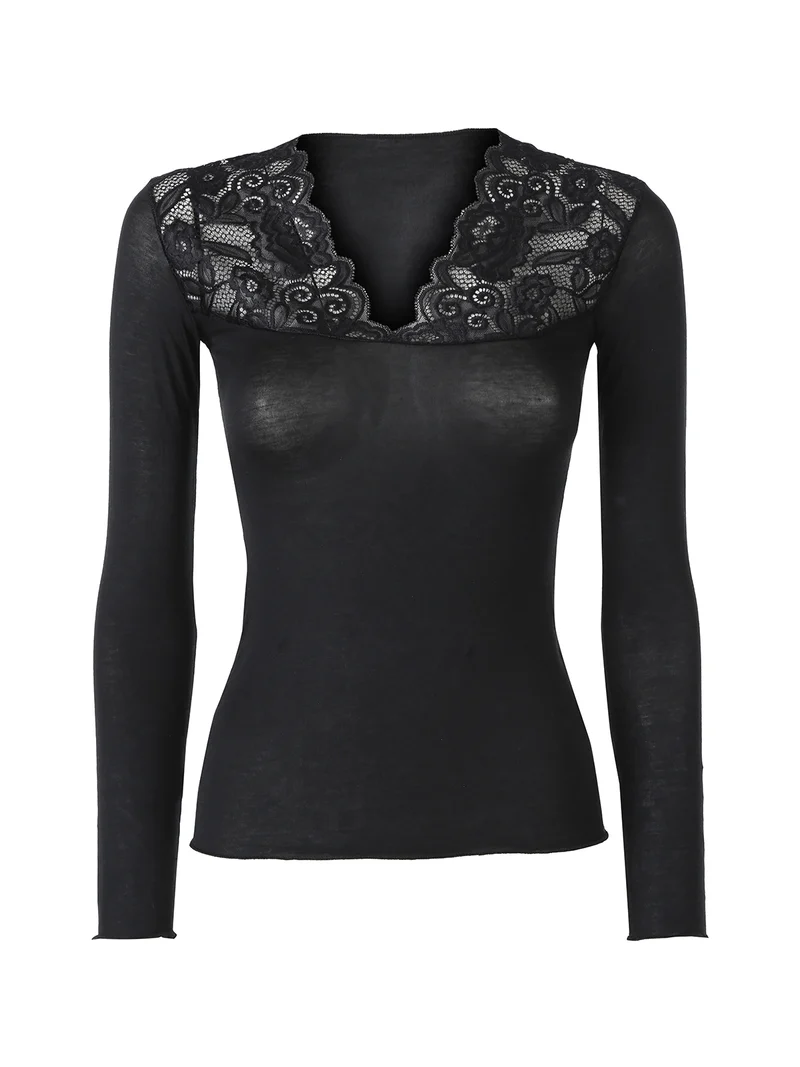 ELODIE Maglia donna a maniche lunghe in misto cashmere con inserto in pizzo - nero