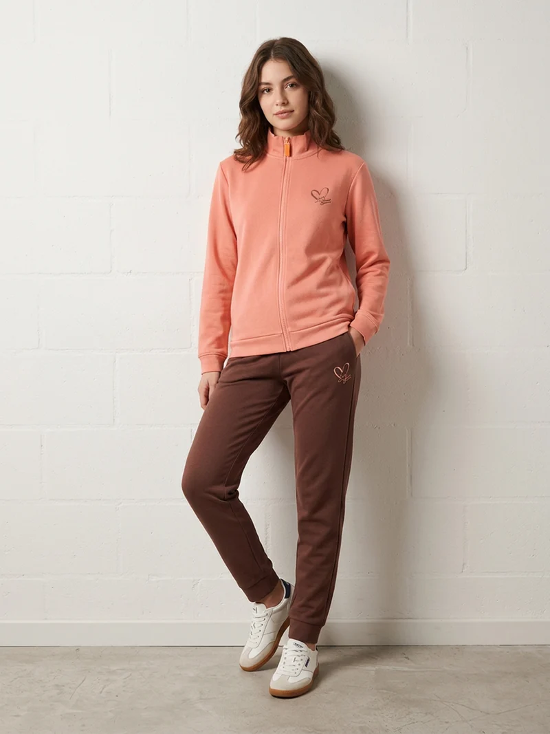 Completo tuta da donna in felpa 2 pezzi con zip intera e interno in caldo cotone - albicocca