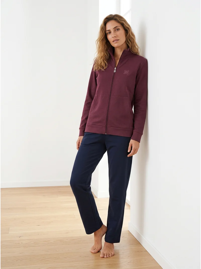 Completo tuta da donna in felpa con zip intera e interno in caldo cotone - bordeaux