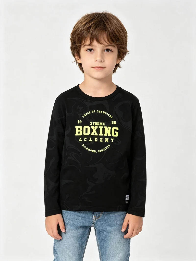 T-shirt girocollo da ragazzo a maniche lunghe con stampa - nero