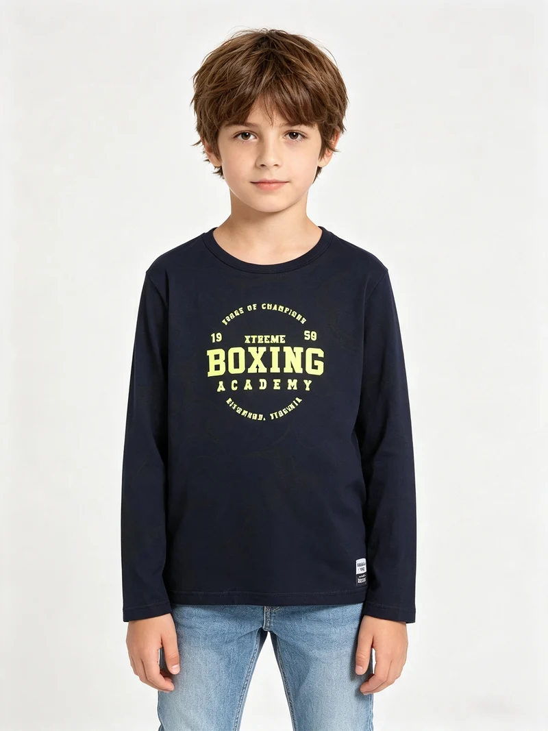 T-shirt girocollo da ragazzo a maniche lunghe con stampa - blu scuro