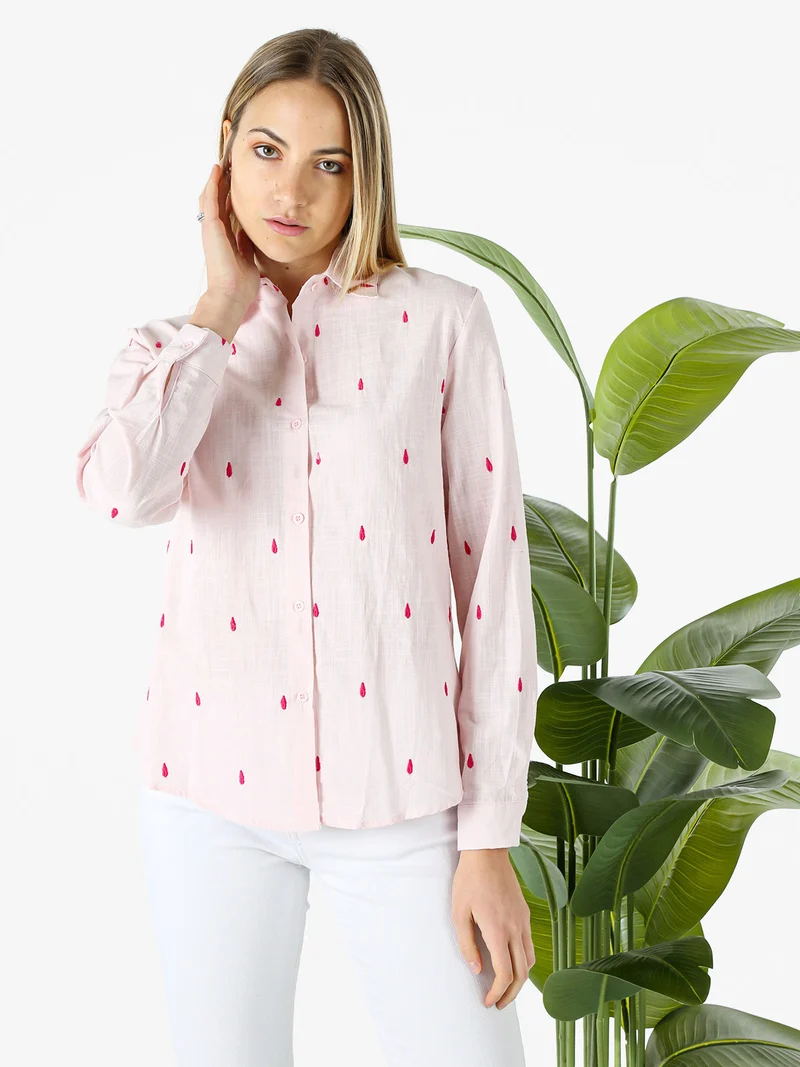 Camicia donna in misto cotone e lino a maniche lunghe con ricami a goccia - rosa