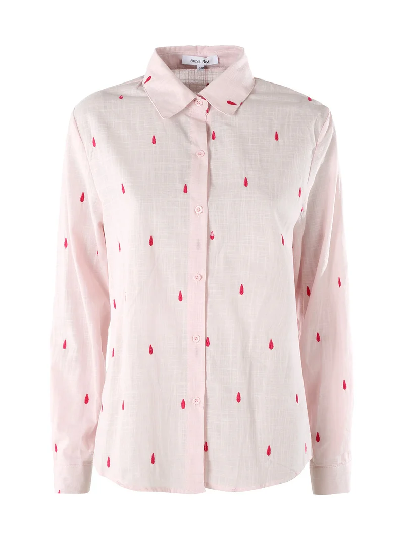 Camicia donna in misto cotone e lino a maniche lunghe con ricami a goccia - rosa
