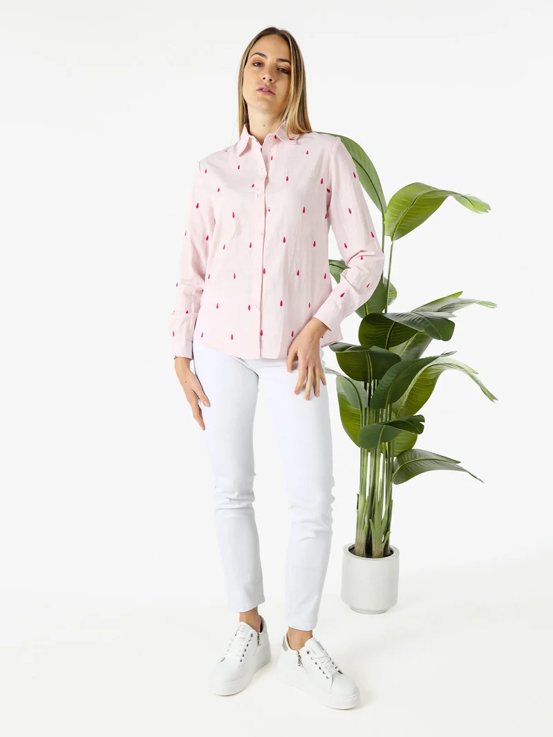 Camicia donna in misto cotone e lino a maniche lunghe con ricami a goccia - rosa