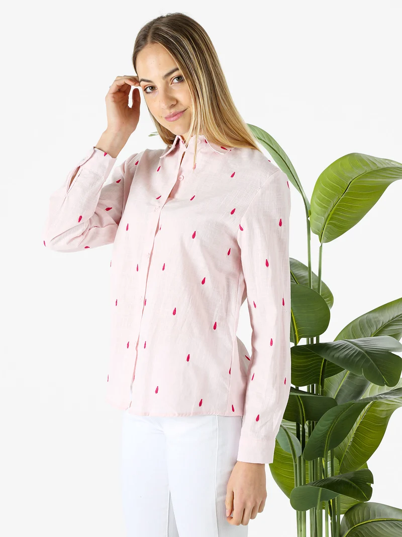 Camicia donna in misto cotone e lino a maniche lunghe con ricami a goccia - rosa