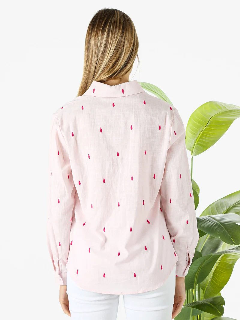 Camicia donna in misto cotone e lino a maniche lunghe con ricami a goccia - rosa