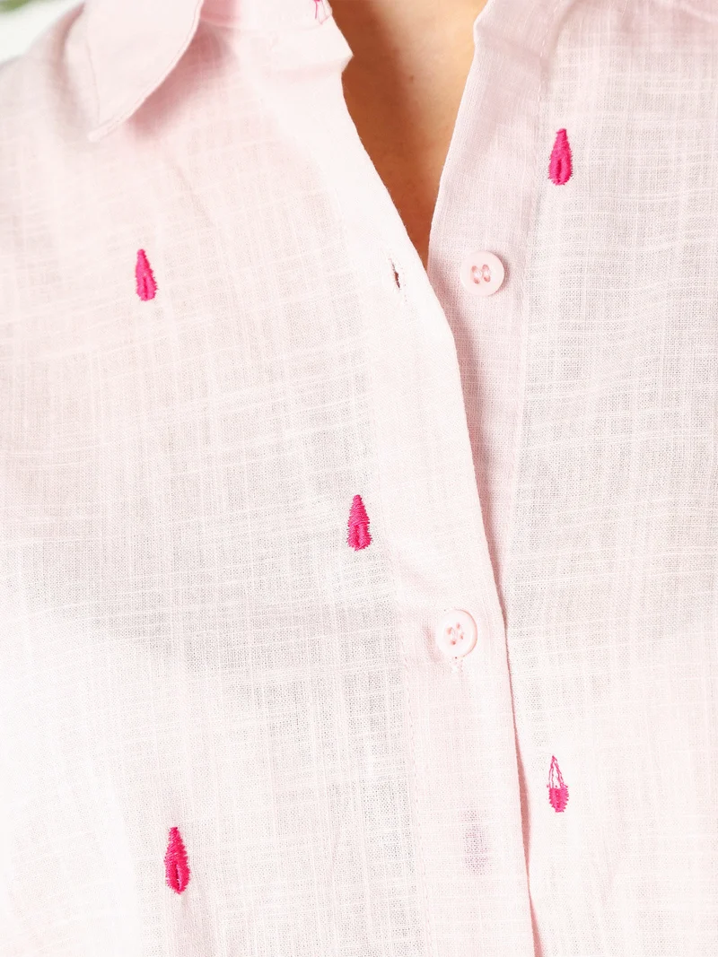Camicia donna in misto cotone e lino a maniche lunghe con ricami a goccia - rosa