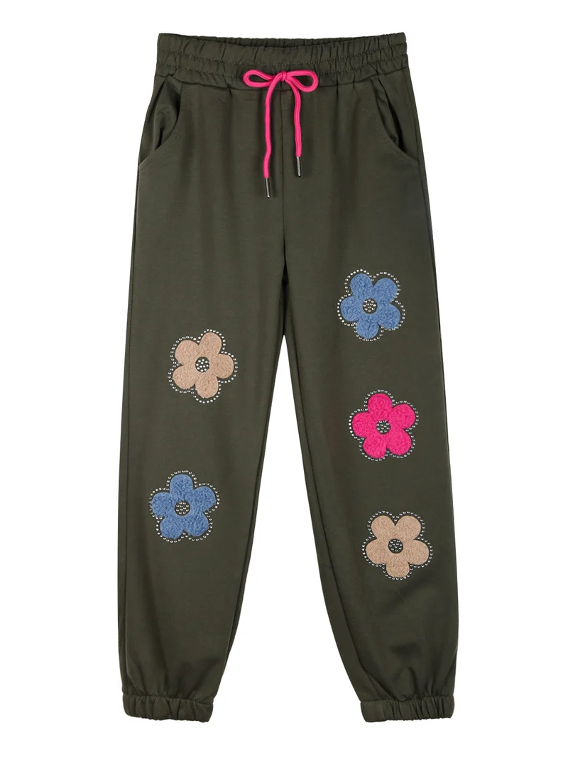 Pantaloni tuta da bambina con fiori di peluche e strass - militare