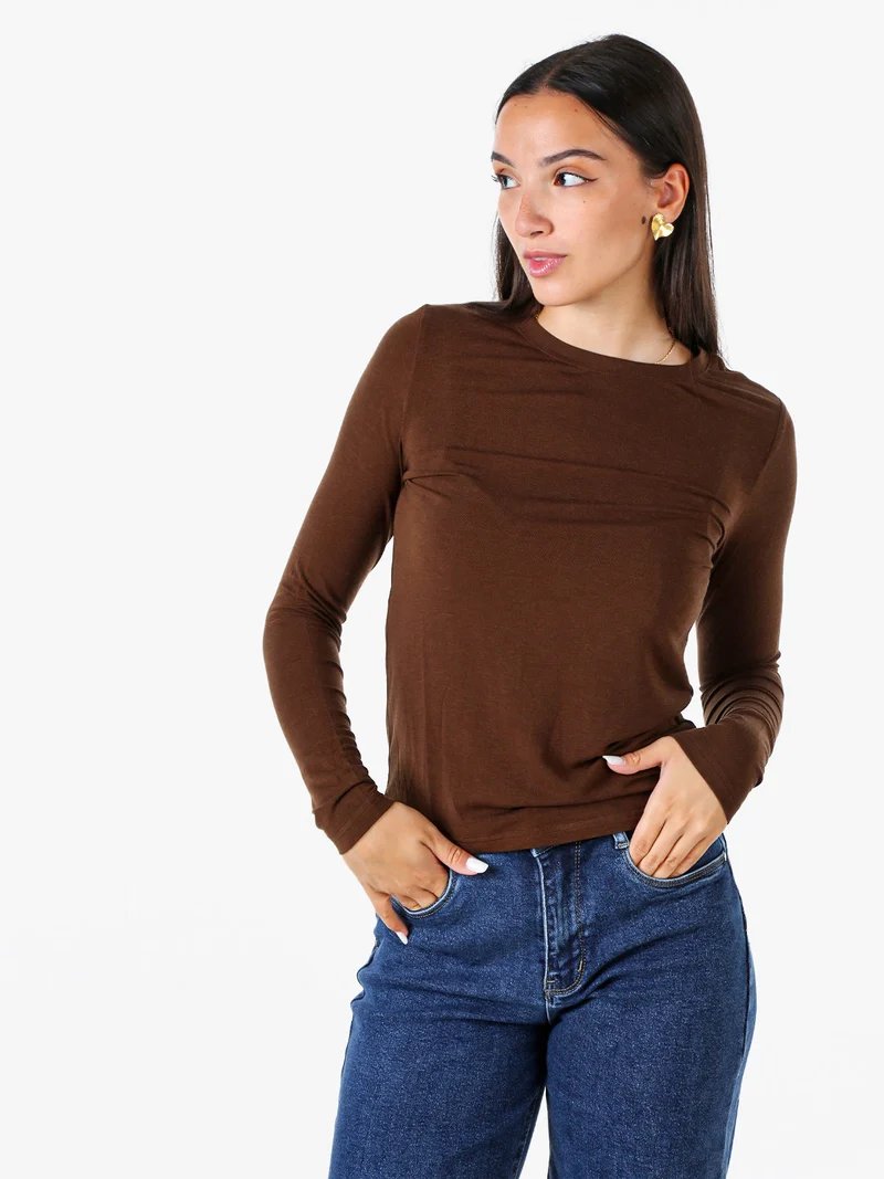 T-shirt girocollo da donna a maniche lunghe - moro