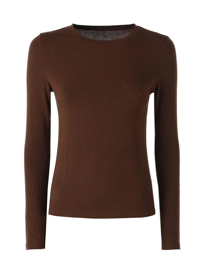 T-shirt girocollo da donna a maniche lunghe - moro