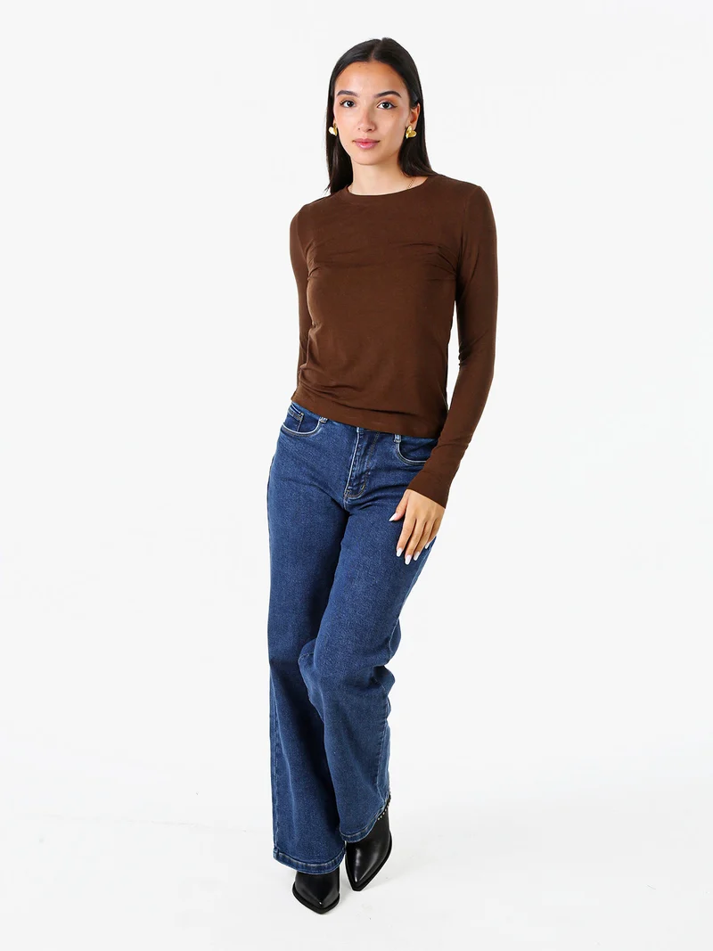 T-shirt girocollo da donna a maniche lunghe - moro