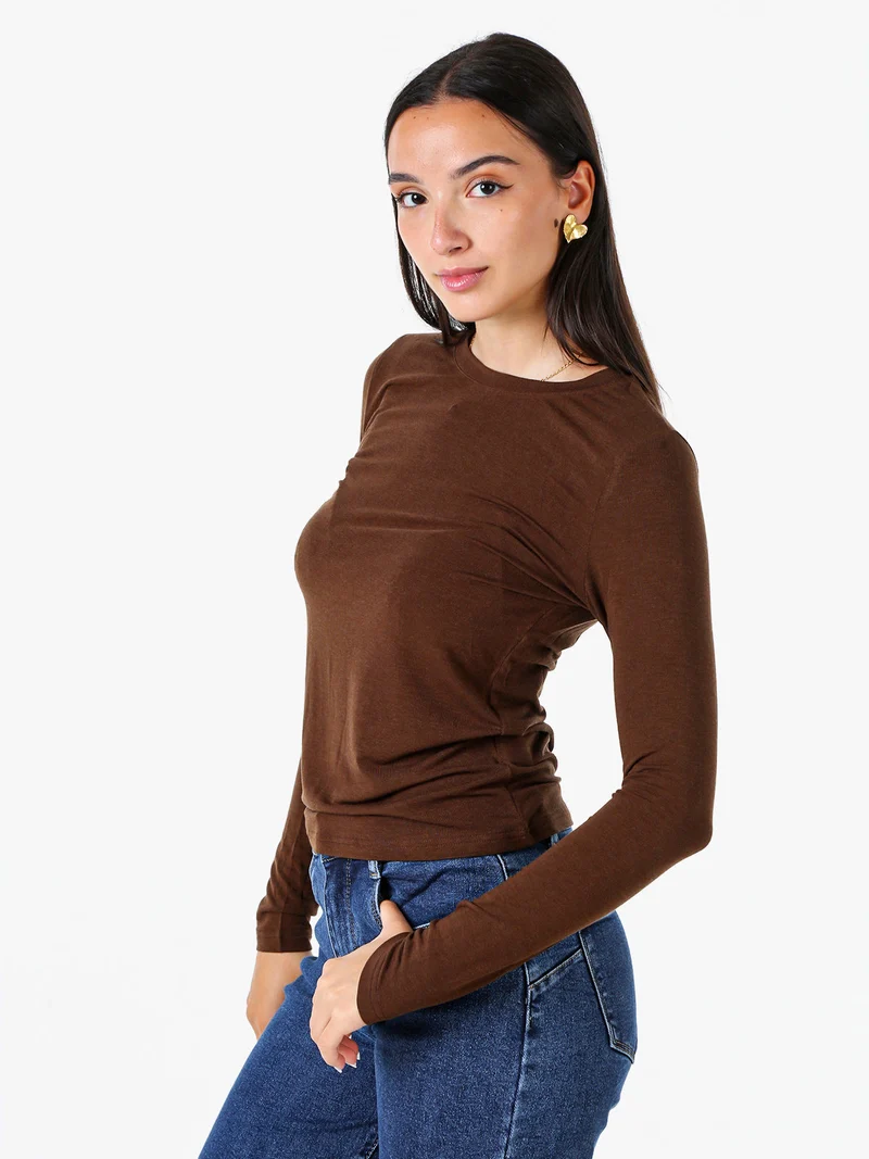 T-shirt girocollo da donna a maniche lunghe - moro
