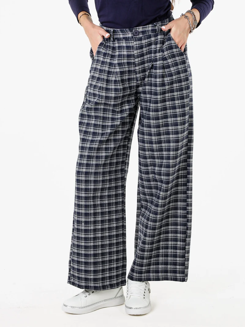 Pantaloni donna a gamba larga con stampa a quadri - blu