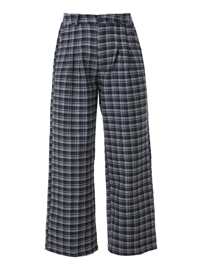 Pantaloni donna a gamba larga con stampa a quadri - blu