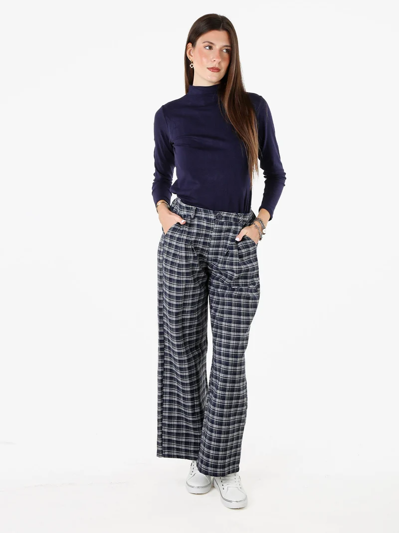 Pantaloni donna a gamba larga con stampa a quadri - blu
