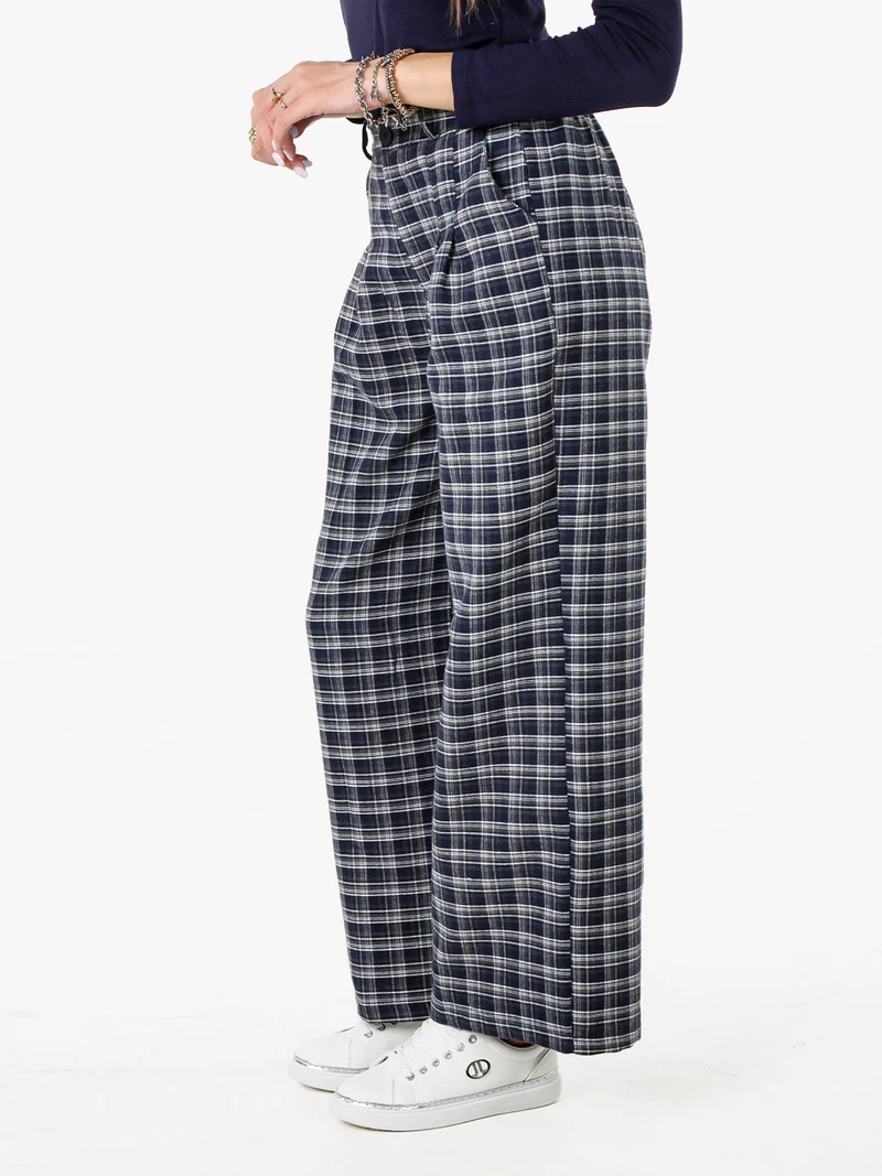 Pantaloni donna a gamba larga con stampa a quadri - blu