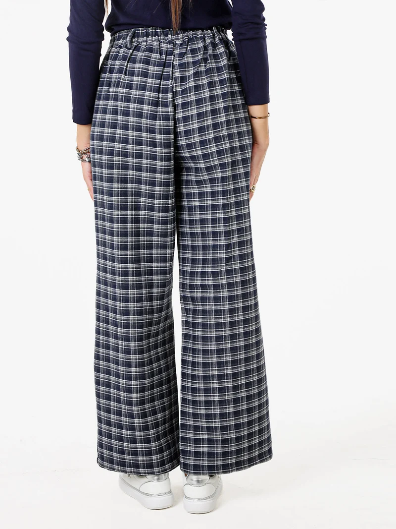 Pantaloni donna a gamba larga con stampa a quadri - blu