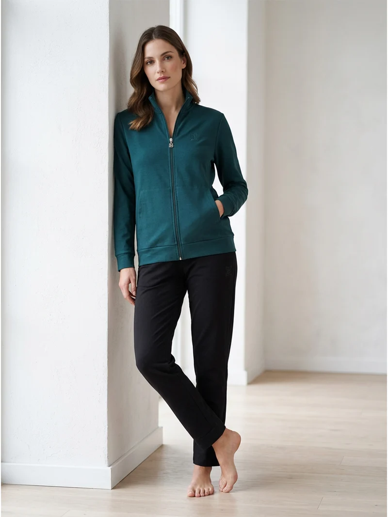 Completo tuta da donna in felpa con zip intera e interno in caldo cotone - ottanio
