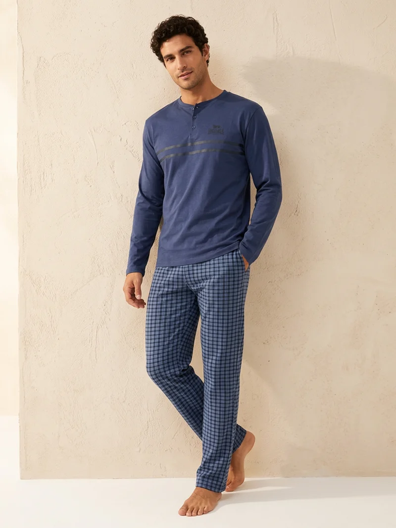 Pigiama lungo da uomo in cotone con pantaloni a quadretti - blu