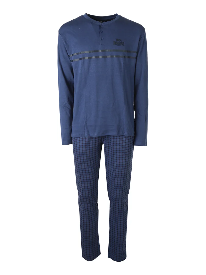 Pigiama lungo da uomo in cotone con pantaloni a quadretti - blu