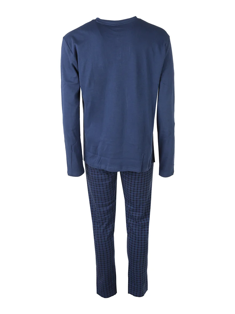 Pigiama lungo da uomo in cotone con pantaloni a quadretti - blu