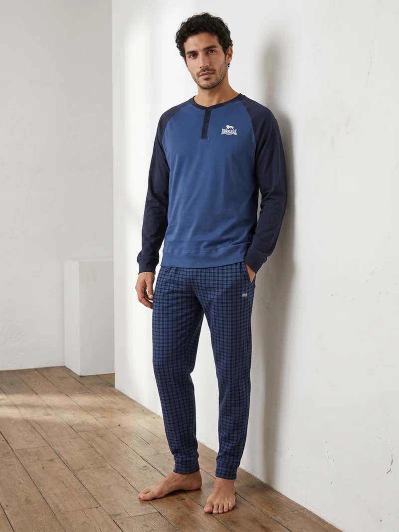 Pigiama lungo da uomo in cotone con pantaloni a quadretti e polsini - blu