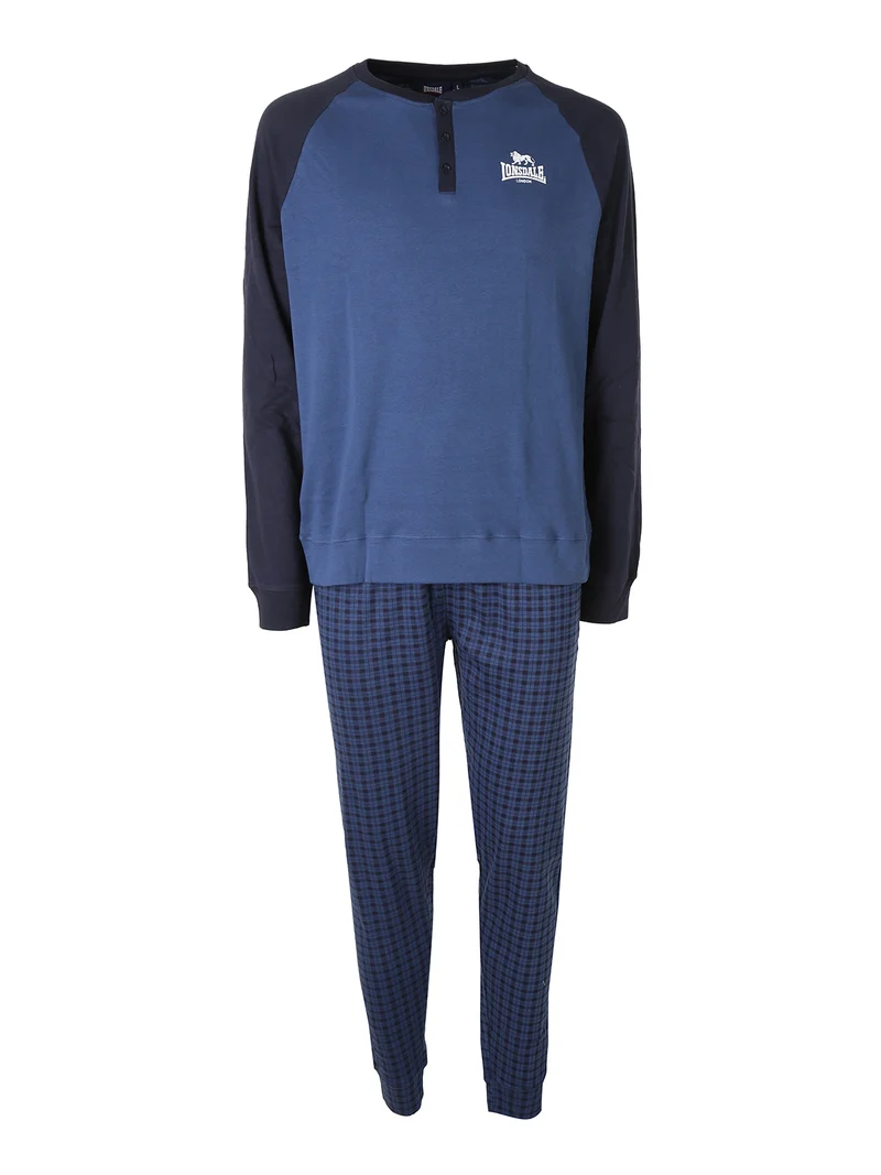 Pigiama lungo da uomo in cotone con pantaloni a quadretti e polsini - blu