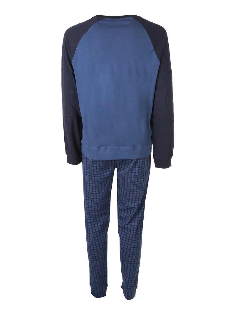 Pigiama lungo da uomo in cotone con pantaloni a quadretti e polsini - blu