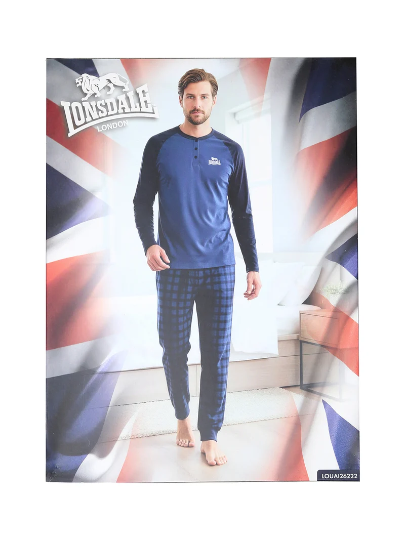 Pigiama lungo da uomo in cotone con pantaloni a quadretti e polsini - blu
